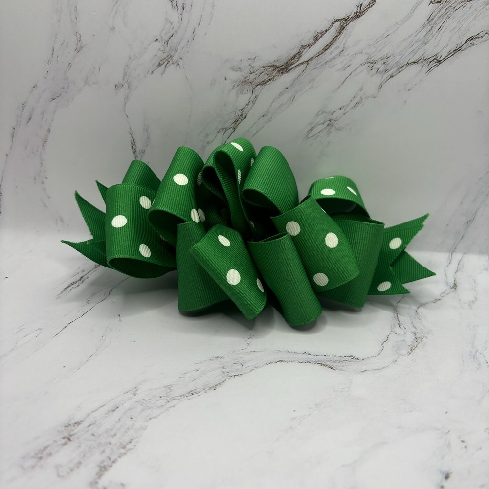 Oversized Grosgrain Green/ White Polka Dot Ribbon Hair Bow Puffy Barrette 6"